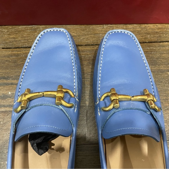 Salvatore Ferragamo Light Blue Gold Buckle Drivers Size 10 - Picture 7 of 12